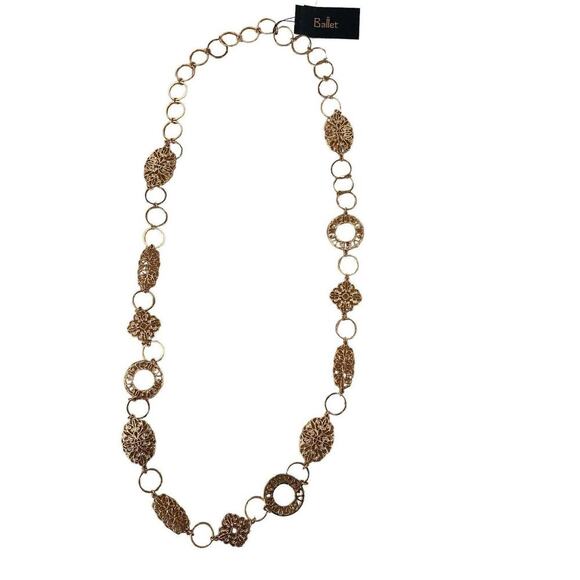 Ballet Gold Tone Hammered Metal Long Chain Link Necklace Fashion Jewelry NEW - Picture 2 of 12